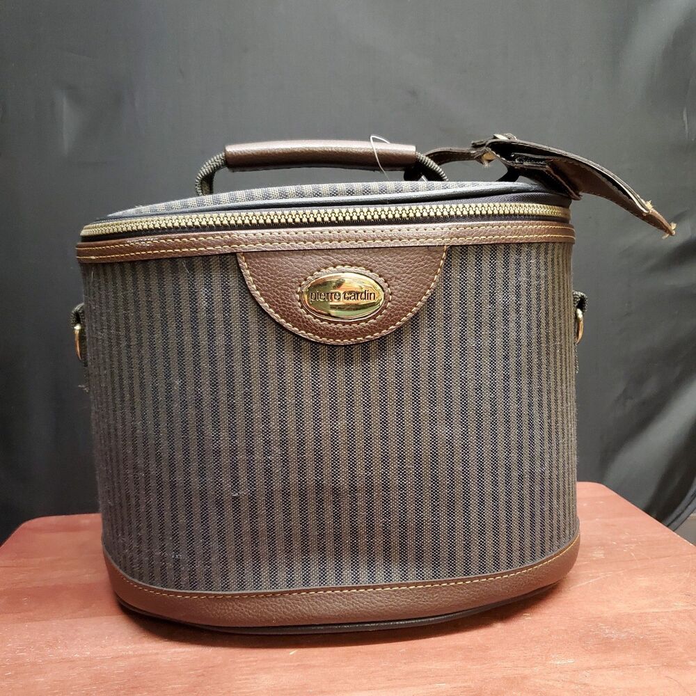 Vintage Pierre Cardin Pinstripe Travel Train Vanity Case Makeup Luggage Bag